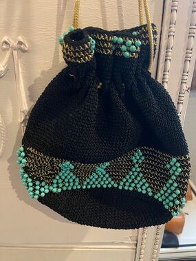 Black Beaded Drawstring Bucket Bag with Turquoise Accents